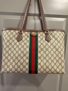 Gucci Beige/Brown GG Canvas Tote with Green and Red Web